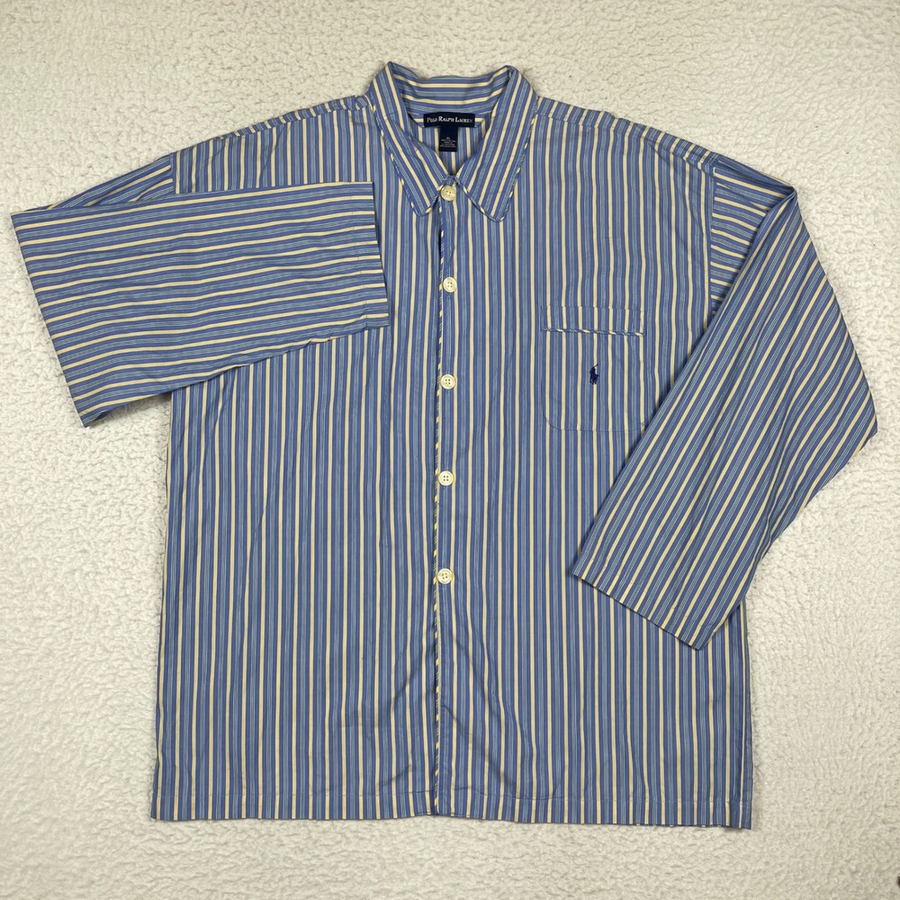 Polo Ralph Lauren Pajama Top Mens XL Blue Yellow Striped Cotton Sleepwear Shirt‎